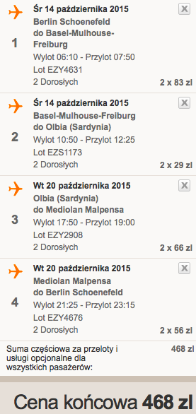 2015-10-14 Berlin Olbia przesiadki easyJet 238 zł RT